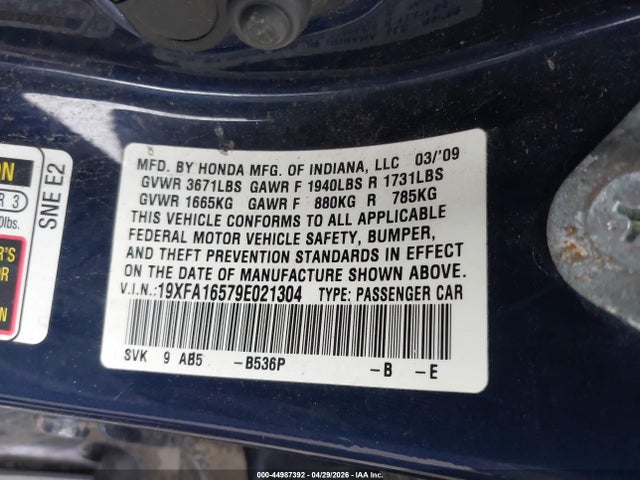 2009 Honda Civic Lx მანქანა იყიდება აუქციონზე, vin: 19XFA16579E021304, აუქციონის ნომერი: 44987392