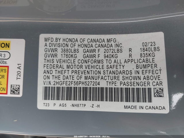 Aukcja sprzedaży 2023 Honda Civic Sport, vin: 2HGFE2F56PH527204, numer aukcji: 44987391