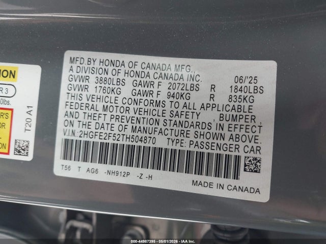 Продажа на аукционе авто 2026 Honda Civic Sport, vin: 2HGFE2F52TH504870, номер лота: 44987395