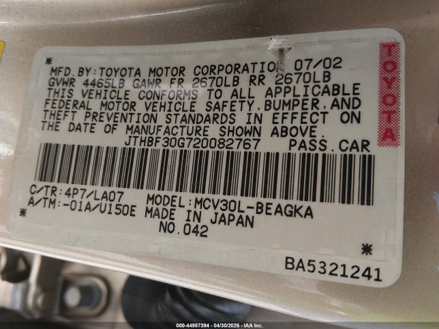 44987394 :رقم المزاد ، JTHBF30G720082767 vin ، 2002 Lexus Es 300 مزاد بيع