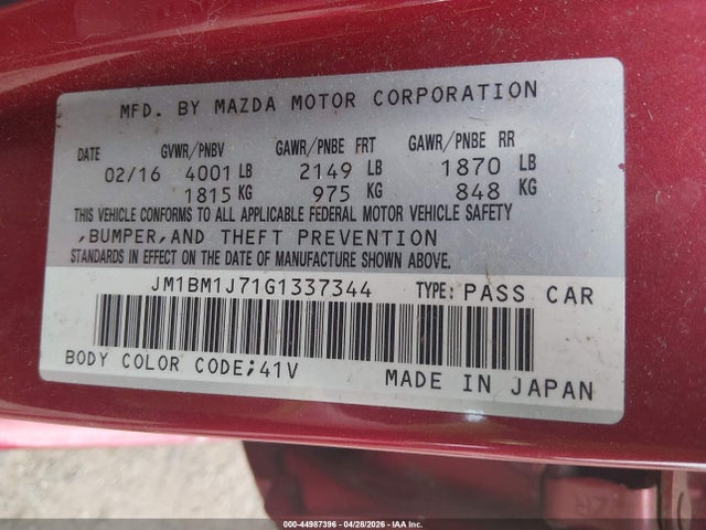 Aukcja sprzedaży 2016 Mazda Mazda3 I Sport, vin: JM1BM1J71G1337344, numer aukcji: 44987396