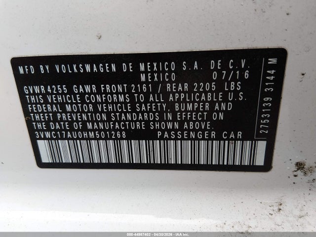 Aukcja sprzedaży 2017 Volkswagen Golf Sportwagen Tsi S, vin: 3VWC17AU0HM501268, numer aukcji: 44987402