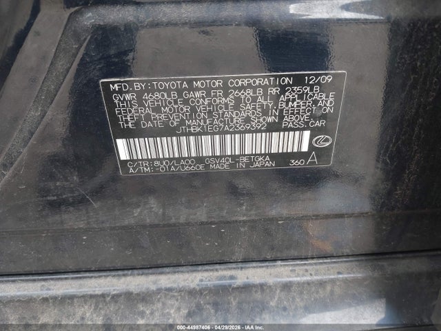 44987406 :رقم المزاد ، JTHBK1EG7A2369392 vin ، 2010 Lexus Es 350 مزاد بيع