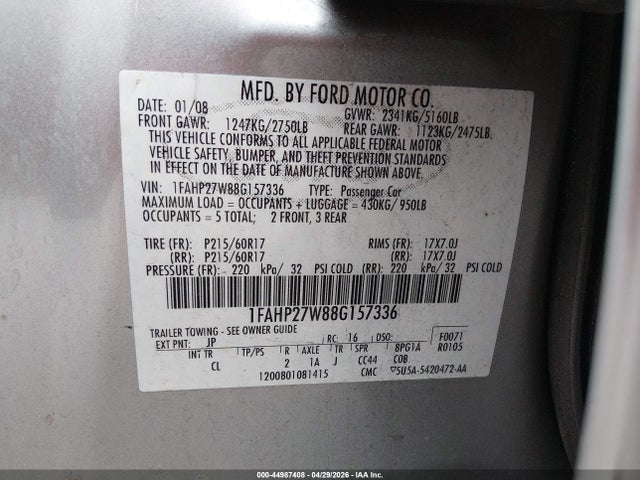 Продажа на аукционе авто 2008 Ford Taurus Sel, vin: 1FAHP27W88G157336, номер лота: 44987408