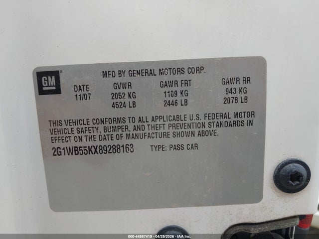 Aukcja sprzedaży 2008 Chevrolet Impala Ls, vin: 2G1WB55KX89288163, numer aukcji: 44987419