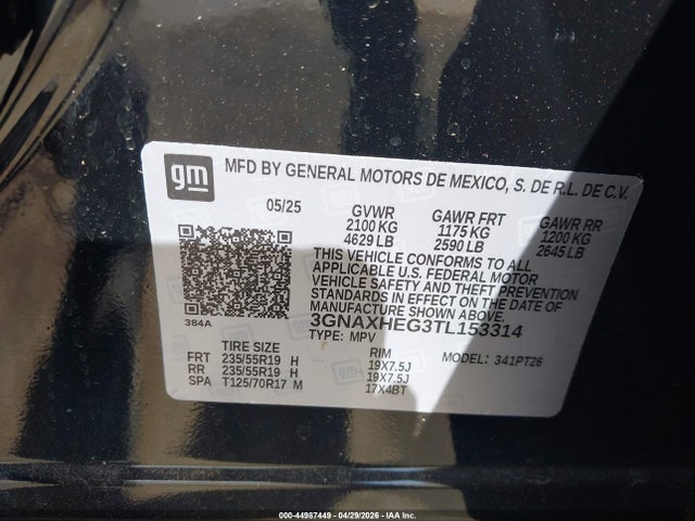 Aukcja sprzedaży 2026 Chevrolet Equinox Fwd Lt, vin: 3GNAXHEG3TL153314, numer aukcji: 44987449