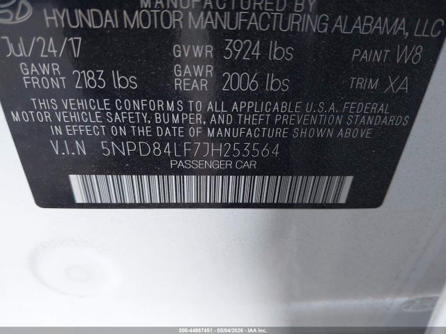 44987451 :رقم المزاد ، 5NPD84LF7JH253564 vin ، 2018 Hyundai Elantra Value Edition مزاد بيع
