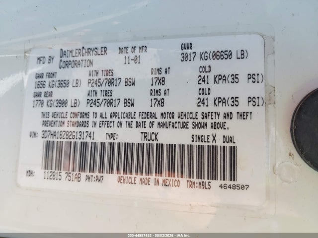 Продаж на аукціоні авто 2002 Dodge Ram 1500 St, vin: 3D7HA18Z82G131741, номер лоту: 44987452
