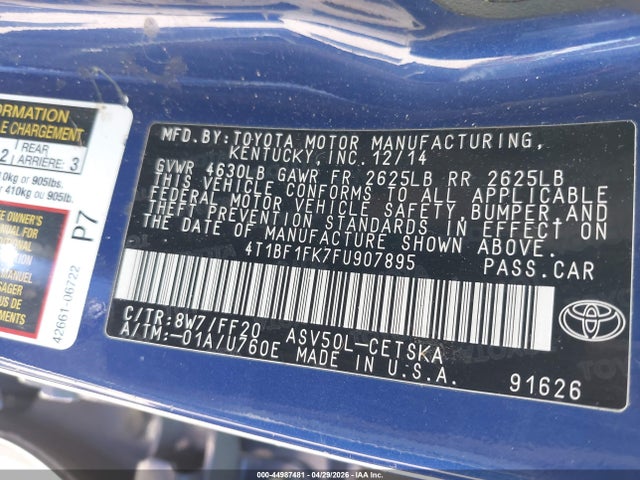 2015 Toyota Camry Se მანქანა იყიდება აუქციონზე, vin: 4T1BF1FK7FU907895, აუქციონის ნომერი: 44987481