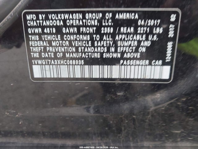 2017 Volkswagen Passat 1.8t Se მანქანა იყიდება აუქციონზე, vin: 1VWGT7A3XHC068935, აუქციონის ნომერი: 44987489