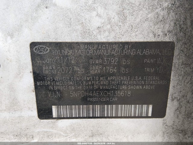 Aukcja sprzedaży 2012 Hyundai Elantra Gls, vin: 5NPDH4AEXCH135618, numer aukcji: 44987534