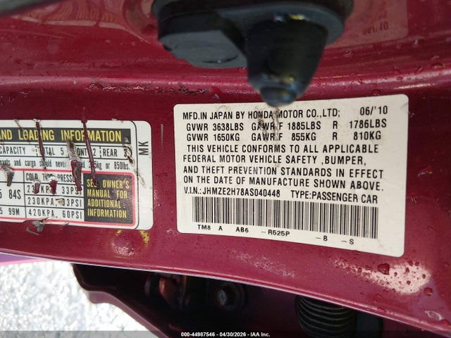 44987546 :رقم المزاد ، JHMZE2H78AS040448 vin ، 2010 Honda Insight Ex مزاد بيع
