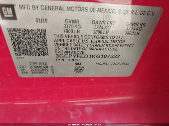 2019 Chevrolet Silverado 1500 Lt Trail Boss მანქანა იყიდება აუქციონზე, vin: 3GCPYFED1KG107322, აუქციონის ნომერი: 44987561