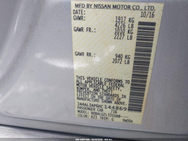 Продаж на аукціоні авто 2017 Nissan Altima 2.5/2.5 S/2.5 Sl/2.5 Sr/2.5 Sv, vin: 1N4AL3AP6HC144869, номер лоту: 44987568