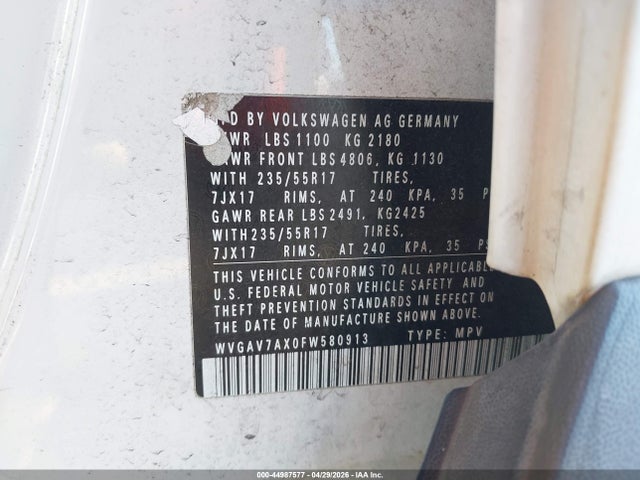 Продаж на аукціоні авто 2015 Volkswagen Tiguan Se, vin: WVGAV7AX0FW580913, номер лоту: 44987577