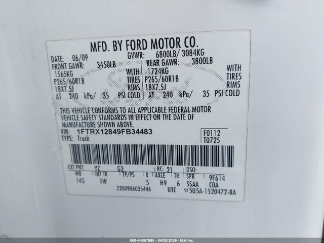 44987585 :رقم المزاد ، 1FTRX12849FB34483 vin ، 2009 Ford F-150 Stx/xl/xlt مزاد بيع
