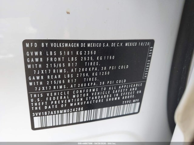 Продаж на аукціоні авто 2021 Volkswagen Tiguan 2.0t S, vin: 3VV1B7AX9MM024286, номер лоту: 44987596