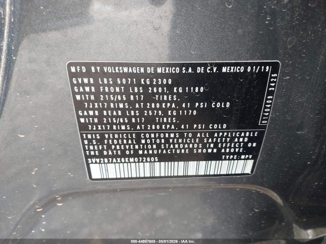 Продажа на аукционе авто 2019 Volkswagen Tiguan 2.0t Se/2.0t Sel/2.0t Sel R-line/2.0t Sel R-line Black, vin: 3VV2B7AX6KM072605, номер лота: 44987605