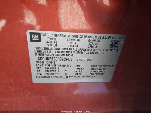 44987609 :رقم المزاد ، 3GCUKREC8FG239433 vin ، 2015 Chevrolet Silverado 1500 2lt مزاد بيع
