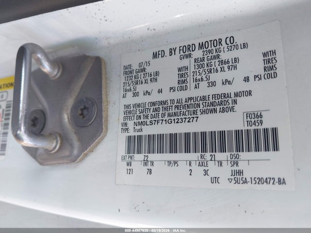 44987620 :رقم المزاد ، NM0LS7F71G1237277 vin ، 2016 Ford Transit Connect Xlt مزاد بيع
