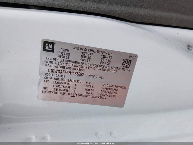 2017 Chevrolet Express 2500 Work Van მანქანა იყიდება აუქციონზე, vin: 1GCWGAFF2H1185892, აუქციონის ნომერი: 44987627
