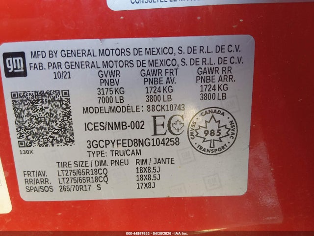 44987633 :رقم المزاد ، 3GCPYFED8NG104258 vin ، 2022 Chevrolet Silverado 1500 Ltd Lt Trail Boss مزاد بيع