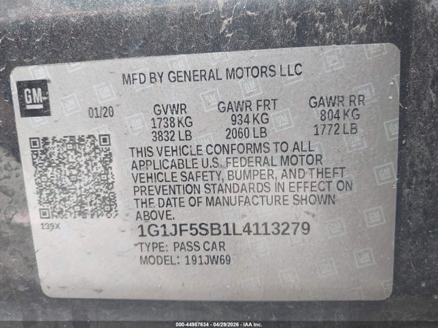 Продаж на аукціоні авто 2020 Chevrolet Sonic Fwd  Premier, vin: 1G1JF5SB1L4113279, номер лоту: 44987634