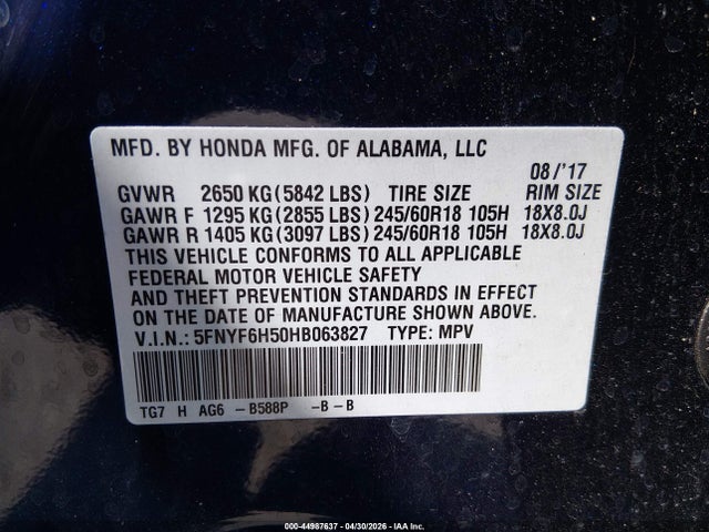 Продаж на аукціоні авто 2017 Honda Pilot Ex-l, vin: 5FNYF6H50HB063827, номер лоту: 44987637