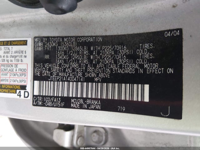 Aukcja sprzedaży 2004 Toyota Highlander V6, vin: JTEEP21A140047141, numer aukcji: 44987644