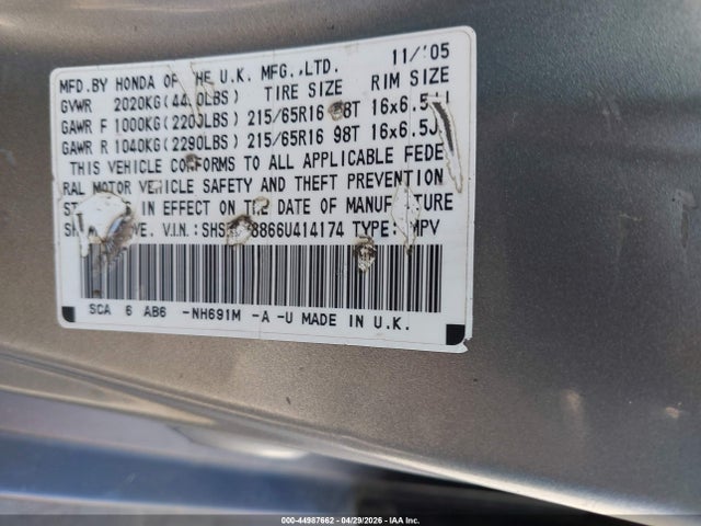44987662 :رقم المزاد ، SHSRD78866U414174 vin ، 2006 Honda Cr-v Ex مزاد بيع