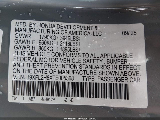 Продаж на аукціоні авто 2026 Honda Civic Sport, vin: 19XFL2H8XTE005368, номер лоту: 44987663