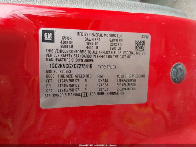 Продаж на аукціоні авто 2012 Chevrolet Silverado 2500hd Work Truck, vin: 1GC2KVCGXCZ275416, номер лоту: 44987667