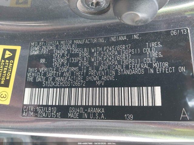 Aukcja sprzedaży 2013 Toyota Highlander Se V6, vin: 5TDZK3EH2DS126672, numer aukcji: 44987668