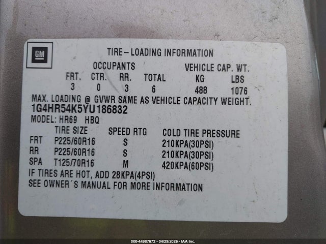 Продажа на аукционе авто 2000 Buick Lesabre Limited, vin: 1G4HR54K5YU186832, номер лота: 44987672