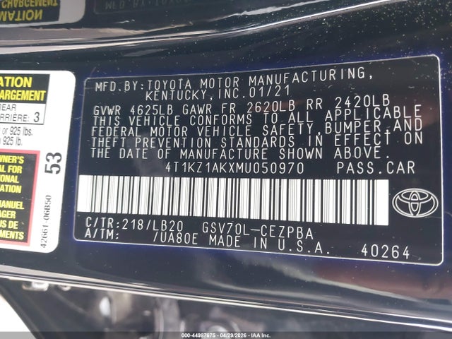 2021 Toyota Camry Xse V6 მანქანა იყიდება აუქციონზე, vin: 4T1KZ1AKXMU050970, აუქციონის ნომერი: 44987675