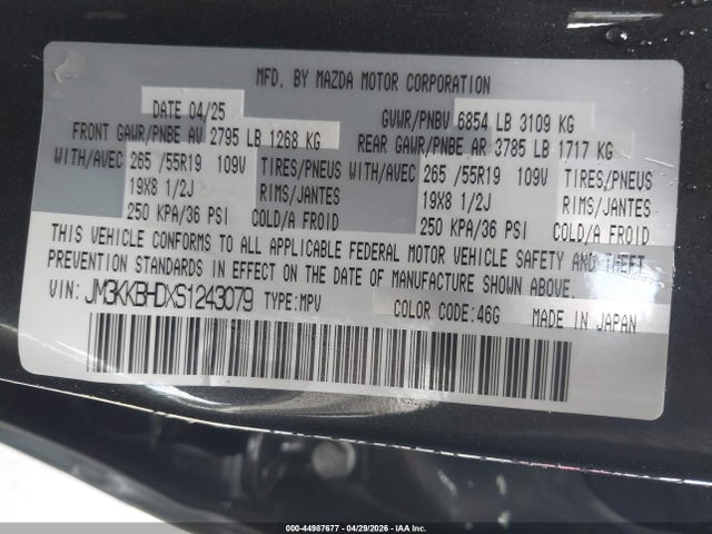 44987677 :رقم المزاد ، JM3KKBHDXS1243079 vin ، 2025 Mazda Cx-90 3.3 Turbo Preferred Package مزاد بيع