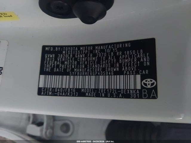 Aukcja sprzedaży 2016 Toyota Corolla Le, vin: 5YFBURHE6GP405846, numer aukcji: 44987685