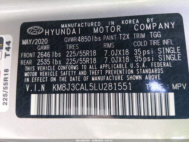 Aukcja sprzedaży 2020 Hyundai Tucson Sel, vin: KM8J3CAL5LU281551, numer aukcji: 44987691
