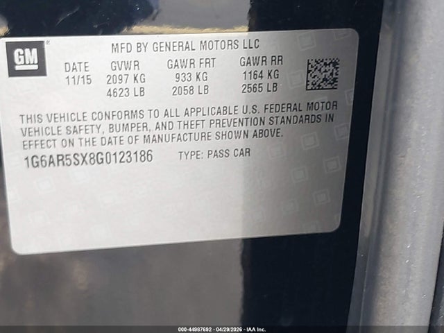 44987692 :رقم المزاد ، 1G6AR5SX8G0123186 vin ، 2016 Cadillac Cts Luxury Collection مزاد بيع