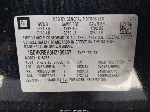 Aukcja sprzedaży 2017 Chevrolet Silverado 1500 2lt, vin: 1GCVKREH3HZ139467, numer aukcji: 44987694