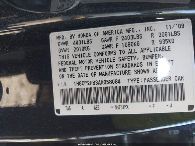 Aukcja sprzedaży 2010 Honda Accord 2.4 Ex-l, vin: 1HGCP2F83AA058084, numer aukcji: 44987697
