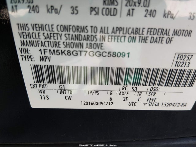 1FM5K8GT7GGC58091 Ford EXPLORER SPORT