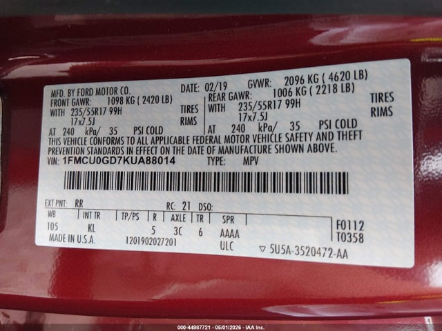 Продажа на аукционе авто 2019 Ford Escape Se, vin: 1FMCU0GD7KUA88014, номер лота: 44987721