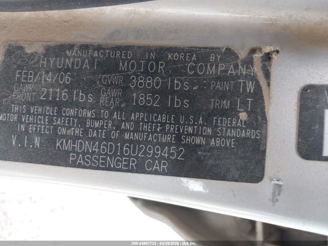 Aukcja sprzedaży 2006 Hyundai Elantra Gls/limited, vin: KMHDN46D16U299452, numer aukcji: 44987722
