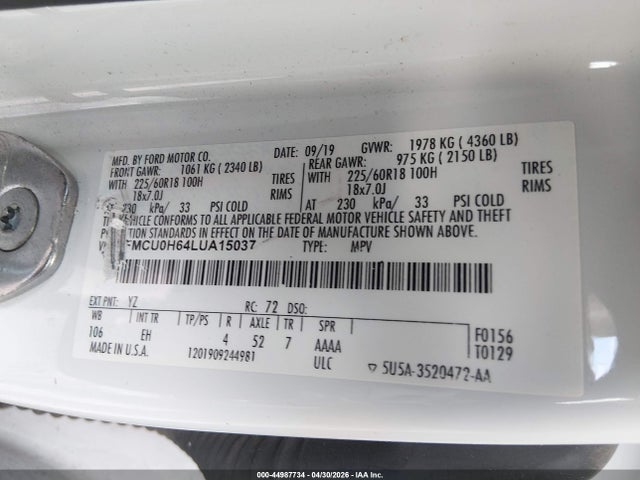 2020 Ford Escape Sel მანქანა იყიდება აუქციონზე, vin: 1FMCU0H64LUA15037, აუქციონის ნომერი: 44987734