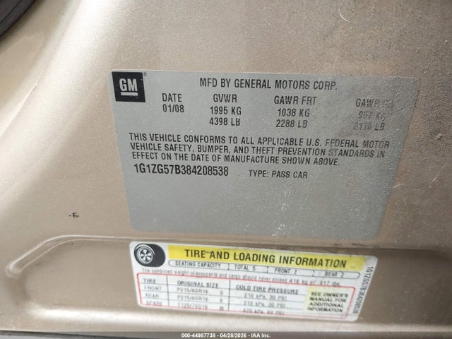 2008 Chevrolet Malibu Ls მანქანა იყიდება აუქციონზე, vin: 1G1ZG57B384208538, აუქციონის ნომერი: 44987738