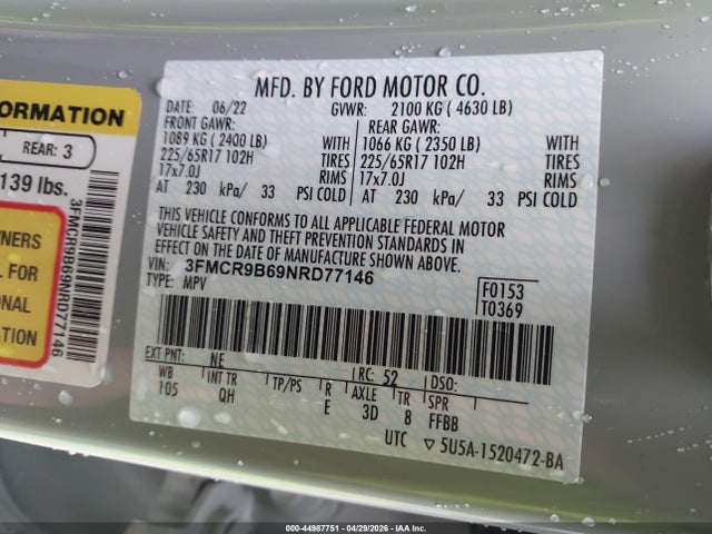 Продаж на аукціоні авто 2022 Ford Bronco Sport Big Bend, vin: 3FMCR9B69NRD77146, номер лоту: 44987751