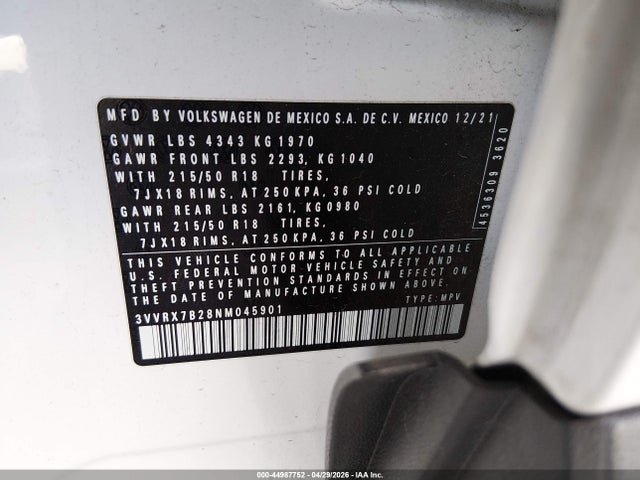 Продаж на аукціоні авто 2022 Volkswagen Taos 1.5t Se, vin: 3VVRX7B28NM045901, номер лоту: 44987752