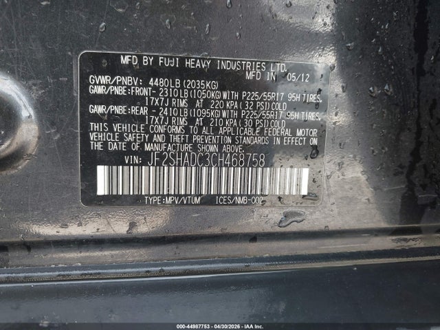 44987753 :رقم المزاد ، JF2SHADC3CH468758 vin ، 2012 Subaru Forester 2.5x Premium مزاد بيع