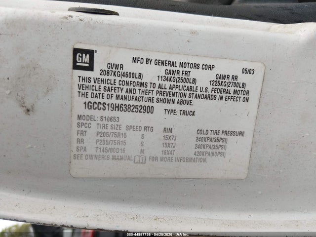 Aukcja sprzedaży 2003 Chevrolet S-10, vin: 1GCCS19H638252900, numer aukcji: 44987756